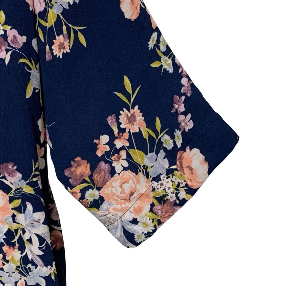 Cameo Kimono Open Front Womens Size 1X Navy Blue Floral 3/4 Sleeve Semi-Sheer - Picture 6 of 11